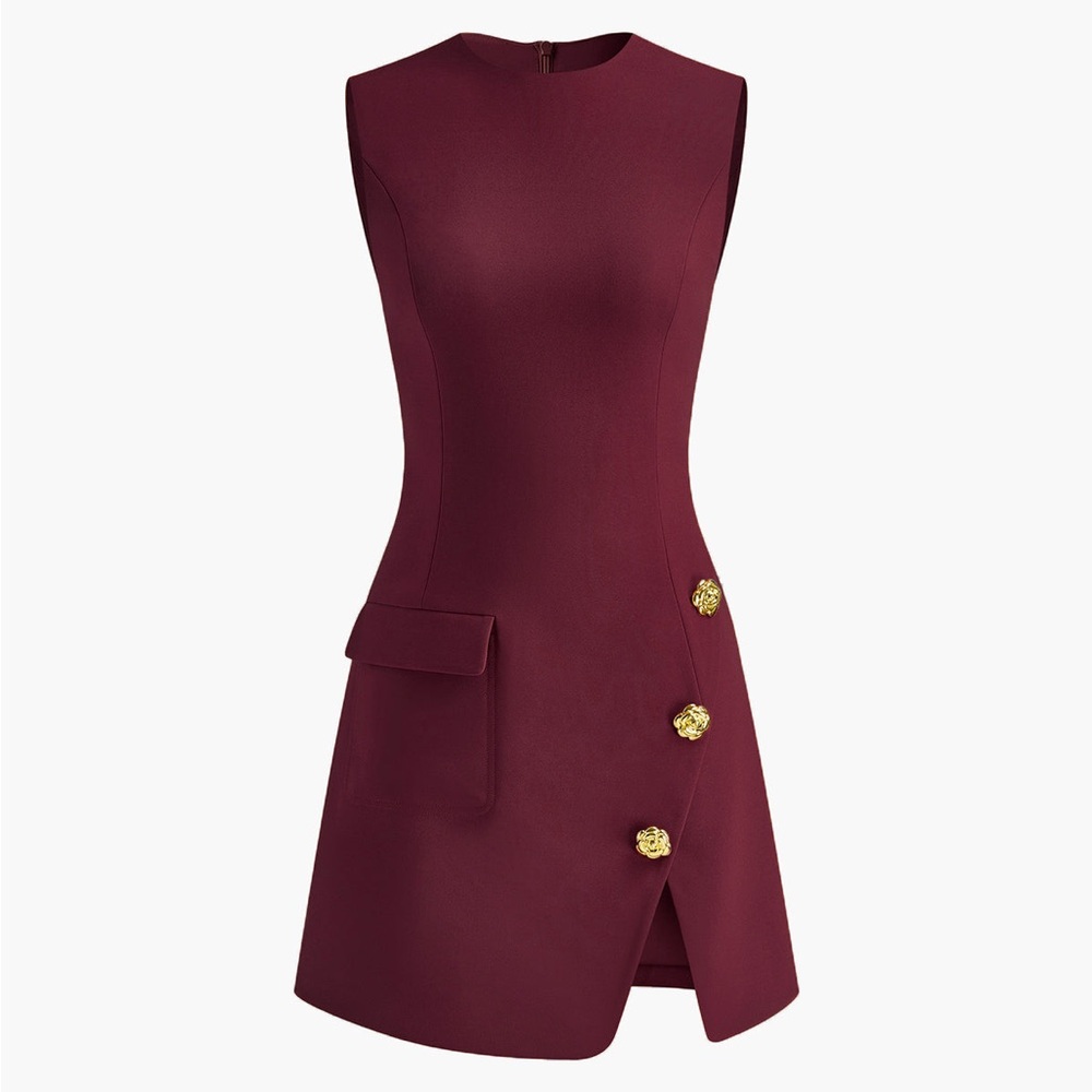 NEW COMMENSE Golden Rose Button Pocket Split Dress in Burgundy